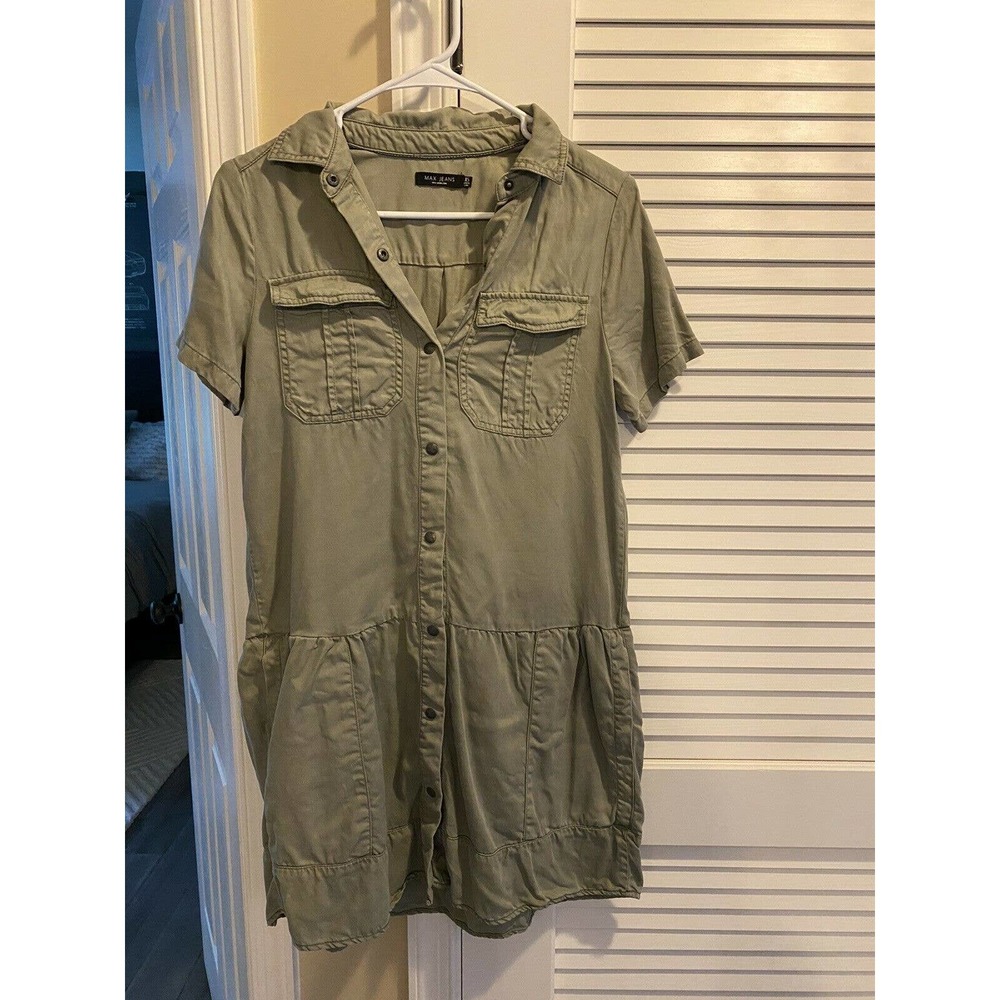 Max Jeans Ruffle Military Dress Olive Green XS